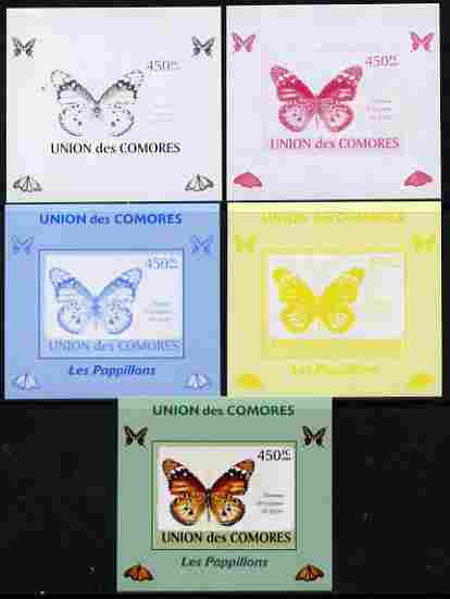 Comoro Islands 2009 Butterflies #4 individual deluxe sheet - the set of 5 imperf progressive proofs comprising the 4 individual colours plus all 4-colour composite, unmounted mint, stamps on , stamps on  stamps on butterflies