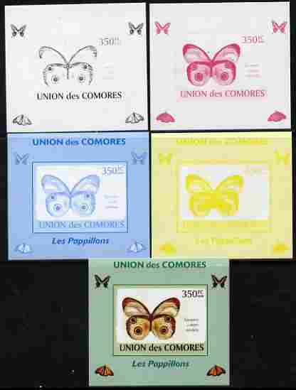 Comoro Islands 2009 Butterflies #6 individual deluxe sheet - the set of 5 imperf progressive proofs comprising the 4 individual colours plus all 4-colour composite, unmou..., stamps on butterflies