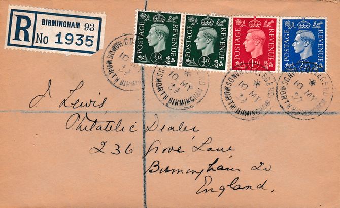 Great Britain 1937 KG6 1/2d x 2, 1d & 2.5d on neat cover registered to Birmingham with first day cancels, stamps on 