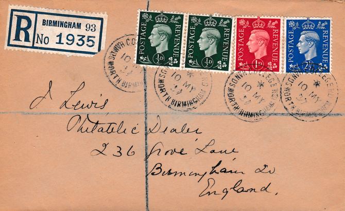 Great Britain 1937 KG6 1/2d x 2, 1d & 2.5d on neat cover registered to Birmingham with first day cancels, stamps on , stamps on  stamps on great britain 1937 kg6 1/2d x 2, stamps on  stamps on  1d & 2.5d on neat cover registered to birmingham with first day cancels