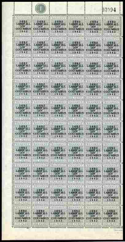 Bahamas 1942 KG6 Landfall of Columbus 1d pale slate complete left pane of 60 including plate varieties R1/1 & R 10/1 (damaged corners), R5/6 (Damaged O), R7/1 (Split P), R10/3 (Notched E), R10/5 (Distorted N) plus overprint varieties incl R10/2 (Flaw in O) etc, a few split perfs otherwise fine unmounted mint, stamps on , stamps on  kg6 , stamps on varieties, stamps on columbus, stamps on explorers