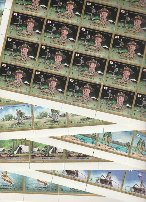 Ajman 1971 Scouts perf set of 6 in complete sheets of 25, superb unmounted mint, Mi 1047-52, stamps on , stamps on  stamps on scouts, stamps on  stamps on mountains