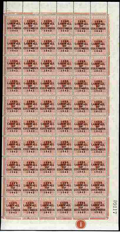 Bahamas 1942 KG6 Landfall of Columbus 1.5d red-brown complete right pane of 60 including plate varieties R10/6 (Sliced C) plus overprint varieties incl R1/2 (Flaw on N), ...