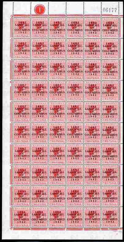 Bahamas 1942 KG6 Landfall of Columbus 2d scarlet complete left pane of 60 including plate varieties R1/1 & R 10/1 (Damaged corners) plus overprint varieties R1/2 (Flaw in N), R1/4 (Damaged top of L), R2/4 (Broken F), R3/2 (Flaw in second U), R8/2 (Flaw in S), R8/5 (Flaw in D), R8/6 (Broken 2),R10/2 and R10/4 (Flaw on O) among others, a few split perfs otherwise fine unmounted mint, stamps on , stamps on  kg6 , stamps on varieties, stamps on columbus, stamps on explorers