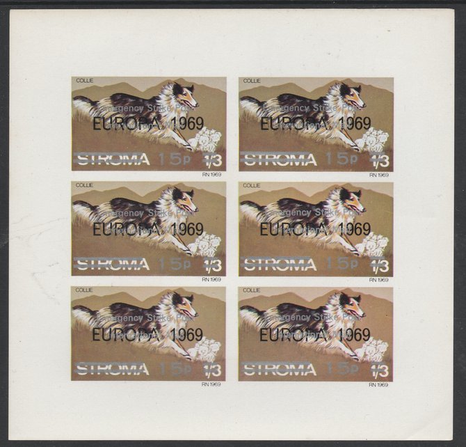 Stroma 1971 Dogs 15p on 1s3d (Collie) overprinted 'Emergency Strike Post' for use on the British mainland unmounted mint complete imperf sheet of 6, stamps on , stamps on  stamps on dogs, stamps on collie, stamps on postal, stamps on cinderella, stamps on strike