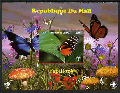 Mali 2010 Butterfles #1 perf s/sheet with Fungi & Scouts Logo unmounted mint. Note this item is privately produced and is offered purely on its thematic appeal, stamps on butterflies, stamps on fungi, stamps on scouts