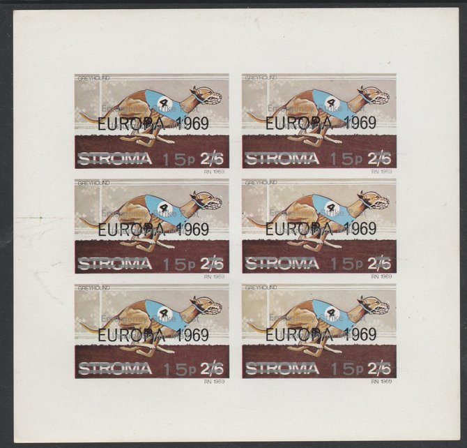 Stroma 1971 Dogs 15p on 2s6d (Greyhound)  overprinted 'Emergency Strike Post' for use on the British mainland unmounted mint complete imperf sheet of 6, stamps on , stamps on  stamps on dogs, stamps on greyhound, stamps on postal, stamps on cinderella, stamps on strike