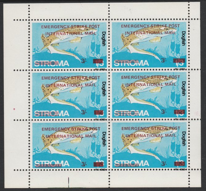 Stroma 1971 Fish 3s on 1s3d (Dogfish) overprinted 'Emergency Strike Post' for use on the British mainland unmounted mint in complete perf sheetlet of 6, stamps on , stamps on  stamps on fish, stamps on marine life, stamps on strike