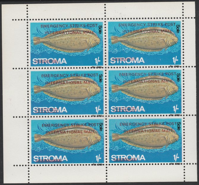 Stroma 1971 Fish 1s on 5d (Haddock) overprinted 'Emergency Strike Post' for use on the British mainland unmounted mint in complete perf sheetlet of 6, stamps on fish, stamps on marine life, stamps on strike