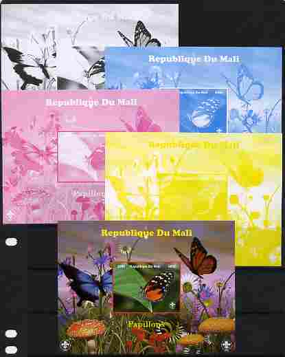 Mali 2010 Butterfles #1 s/sheet with Fungi & Scouts Logo  - the set of 5 imperf progressive proofs comprising the 4 individual colours plus all 4-colour composite, unmounted mint, stamps on , stamps on  stamps on butterflies, stamps on  stamps on fungi, stamps on  stamps on scouts