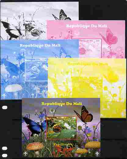 Mali 2010 Butterfles #2 s/sheet with Fungi & Scouts Logo  - the set of 5 imperf progressive proofs comprising the 4 individual colours plus all 4-colour composite, unmounted mint, stamps on , stamps on  stamps on butterflies, stamps on  stamps on fungi, stamps on  stamps on scouts