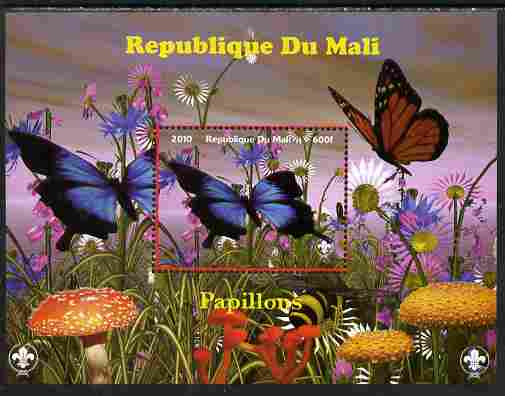 Mali 2010 Butterfles #3 perf s/sheet with Fungi & Scouts Logo unmounted mint. Note this item is privately produced and is offered purely on its thematic appeal, stamps on butterflies, stamps on fungi, stamps on scouts