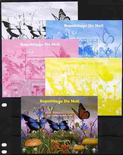 Mali 2010 Butterfles #3 s/sheet with Fungi & Scouts Logo  - the set of 5 imperf progressive proofs comprising the 4 individual colours plus all 4-colour composite, unmounted mint, stamps on , stamps on  stamps on butterflies, stamps on  stamps on fungi, stamps on  stamps on scouts