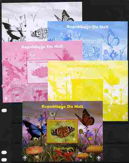 Mali 2010 Butterfles #4 s/sheet with Fungi & Scouts Logo  - the set of 5 imperf progressive proofs comprising the 4 individual colours plus all 4-colour composite, unmoun..., stamps on butterflies, stamps on fungi, stamps on scouts