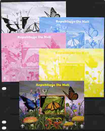 Mali 2010 Butterfles #6 s/sheet with Fungi & Scouts Logo  - the set of 5 imperf progressive proofs comprising the 4 individual colours plus all 4-colour composite, unmounted mint, stamps on , stamps on  stamps on butterflies, stamps on  stamps on fungi, stamps on  stamps on scouts