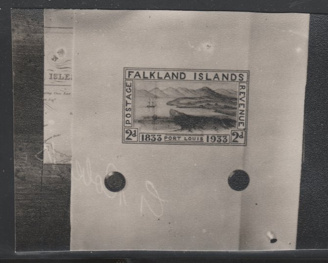 Falkland Islands 1932 Centenary 2d Port Louis photographic essay prepared by G Roberts with a negative image of his signature at lower-left, complete with 2009 Sergio Sismondo certificate proclaiming it to be genuine in all respects. , stamps on , stamps on stamps on