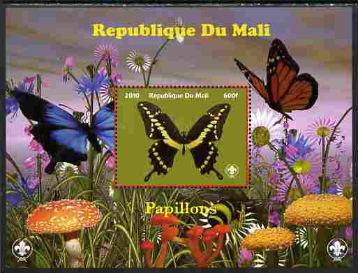 Mali 2010 Butterfles #8 perf s/sheet with Fungi & Scouts Logo unmounted mint. Note this item is privately produced and is offered purely on its thematic appeal, stamps on butterflies, stamps on fungi, stamps on scouts