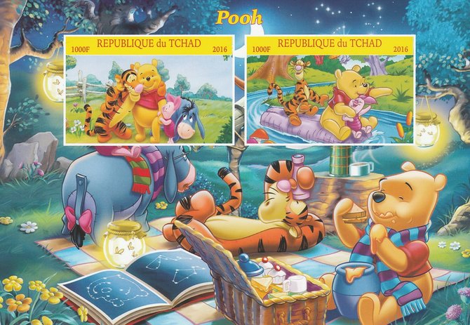 Chad 2016 Winnie the Pooh imperf sheetlet containing 2 values unmounted mint. Note this item is privately produced and is offered purely on its thematic appeal. . , stamps on disney, stamps on bears, stamps on films, stamps on movies, stamps on cinema