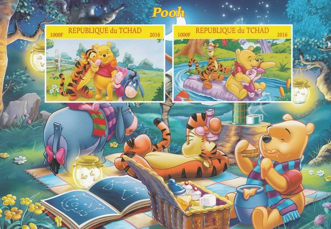 Chad 2016 Winnie the Pooh imperf sheetlet containing 2 values unmounted mint. Note this item is privately produced and is offered purely on its thematic appeal. . , stamps on , stamps on  stamps on disney, stamps on  stamps on bears, stamps on  stamps on films, stamps on  stamps on movies, stamps on  stamps on cinema