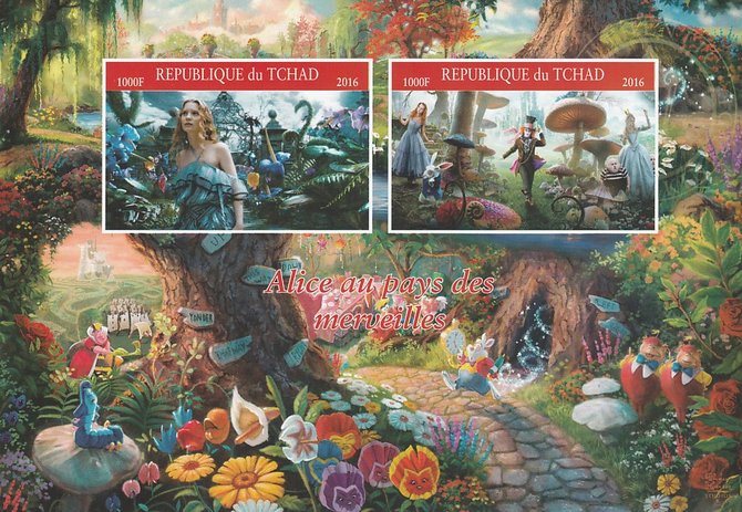 Chad 2016 Alice in Wonderland imperf sheetlet containing 2 values unmounted mint. Note this item is privately produced and is offered purely on its thematic appeal. . , stamps on , stamps on  stamps on disney, stamps on  stamps on films, stamps on  stamps on movies, stamps on  stamps on cinema