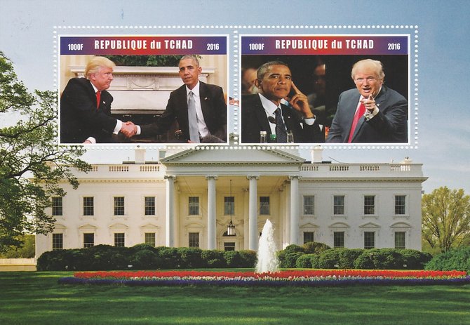 Chad 2016 Donald Trump & Barack Obama perf sheetlet containing 2 values unmounted mint. Note this item is privately produced and is offered purely on its thematic appeal. . , stamps on , stamps on  stamps on personalities, stamps on  stamps on usa presidents, stamps on  stamps on obama, stamps on  stamps on trump