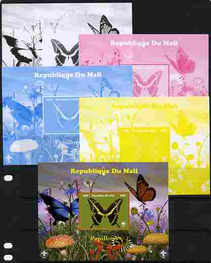 Mali 2010 Butterfles #8 s/sheet with Fungi & Scouts Logo  - the set of 5 imperf progressive proofs comprising the 4 individual colours plus all 4-colour composite, unmounted mint, stamps on , stamps on  stamps on butterflies, stamps on  stamps on fungi, stamps on  stamps on scouts