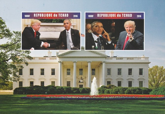 Chad 2016 Donald Trump & Barack Obama imperf sheetlet containing 2 values unmounted mint. Note this item is privately produced and is offered purely on its thematic appeal. . , stamps on , stamps on  stamps on personalities, stamps on  stamps on usa presidents, stamps on  stamps on obama, stamps on  stamps on trump