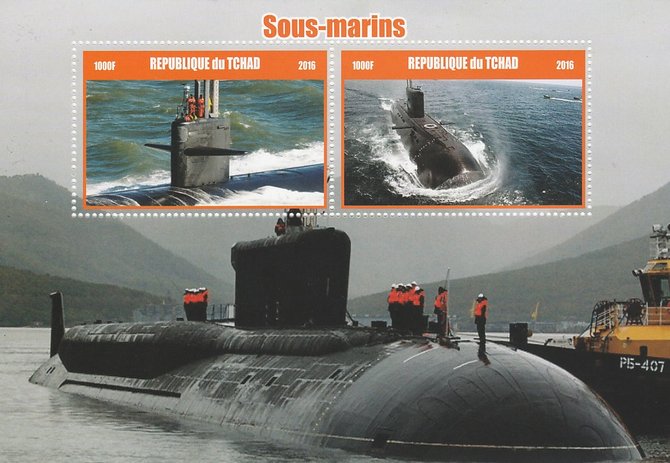 Chad 2016 Submarines #1 perf sheetlet containing 2 values unmounted mint. Note this item is privately produced and is offered purely on its thematic appeal. . , stamps on ships, stamps on submarines
