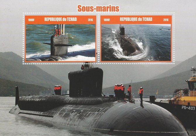 Chad 2016 Submarines #2 perf sheetlet containing 2 values unmounted mint. Note this item is privately produced and is offered purely on its thematic appeal. . , stamps on , stamps on  stamps on ships, stamps on  stamps on submarines