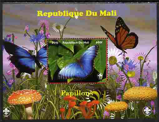 Mali 2010 Butterfles #9 perf s/sheet with Fungi & Scouts Logo unmounted mint. Note this item is privately produced and is offered purely on its thematic appeal, stamps on butterflies, stamps on fungi, stamps on scouts
