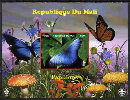 Mali 2010 Butterfles #9 imperf s/sheet with Fungi & Scouts Logo unmounted mint. Note this item is privately produced and is offered purely on its thematic appeal, stamps on butterflies, stamps on fungi, stamps on scouts