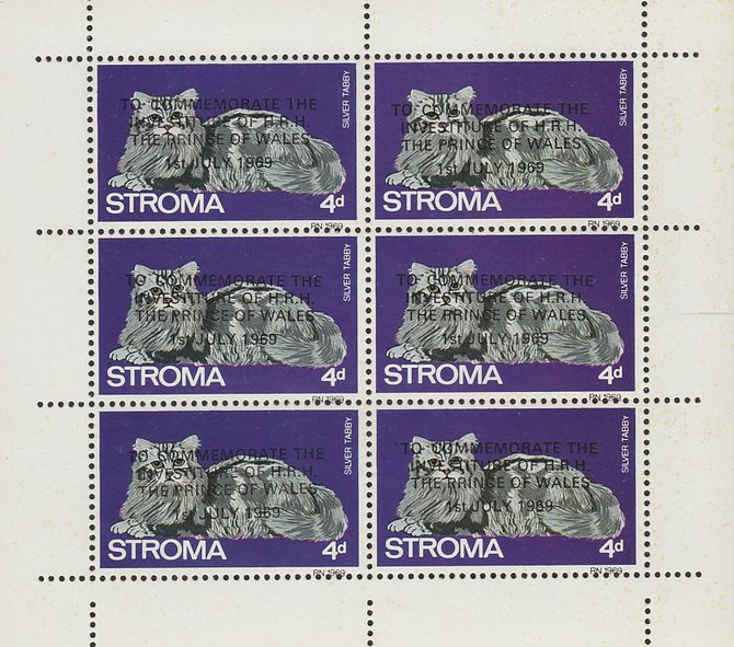 Stroma 1969 Cats 4d Silver Tabby opt'd for Investiture of Prince of Wales complete perf sheetlet of 6 unmounted mint, stamps on , stamps on  stamps on animals, stamps on  stamps on cats, stamps on  stamps on  royalty, stamps on  stamps on charles, stamps on  stamps on 