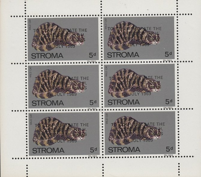 Stroma 1969 Cats 5d Wild Cat optd for Investiture of Prince of Wales complete perf sheetlet of 6 unmounted mint, stamps on animals, stamps on cats, stamps on  royalty, stamps on charles, stamps on 