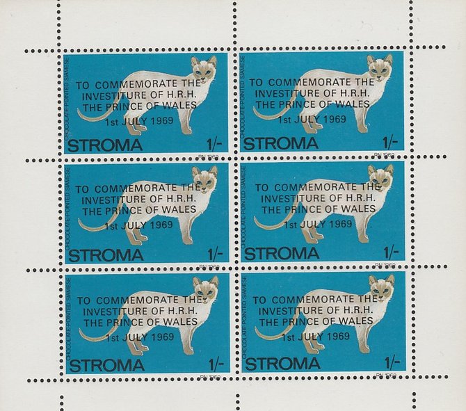 Stroma 1969 Cats 1s Chocolate Pointed Siamese optd for Investiture of Prince of Wales complete perf sheetlet of 6 unmounted mint, stamps on animals, stamps on cats, stamps on  royalty, stamps on charles, stamps on 