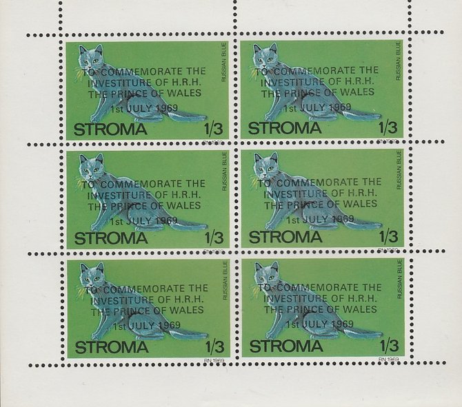 Stroma 1969 Cats 1s3d Russian Blue opt'd for Investiture of Prince of Wales complete perf sheetlet of 6 unmounted mint, stamps on , stamps on  stamps on animals, stamps on  stamps on cats, stamps on  stamps on  royalty, stamps on  stamps on charles, stamps on  stamps on 