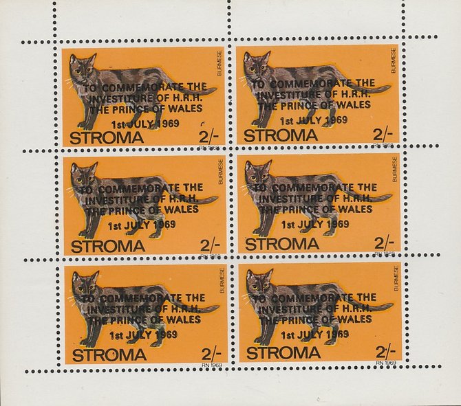 Stroma 1969 Cats 2s Burmese opt'd for Investiture of Prince of Wales complete perf sheetlet of 6 unmounted mint, stamps on animals, stamps on cats, stamps on  royalty, stamps on charles, stamps on 