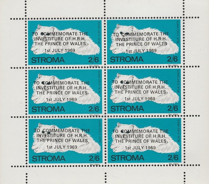 Stroma 1969 Cats 2s6d Blue Eyed White opt'd for Investiture of Prince of Wales complete perf sheetlet of 6 unmounted mint, stamps on animals, stamps on cats, stamps on  royalty, stamps on charles, stamps on 