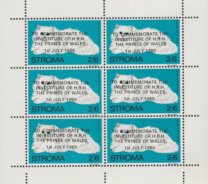 Stroma 1969 Cats 2s6d Blue Eyed White opt'd for Investiture of Prince of Wales complete perf sheetlet of 6 unmounted mint, stamps on animals, stamps on cats, stamps on  royalty, stamps on charles, stamps on 