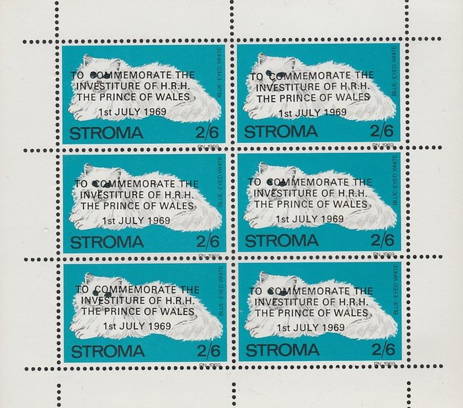 Stroma 1969 Cats 2s6d Blue Eyed White opt'd for Investiture of Prince of Wales complete perf sheetlet of 6 unmounted mint, stamps on , stamps on  stamps on animals, stamps on  stamps on cats, stamps on  stamps on  royalty, stamps on  stamps on charles, stamps on  stamps on 