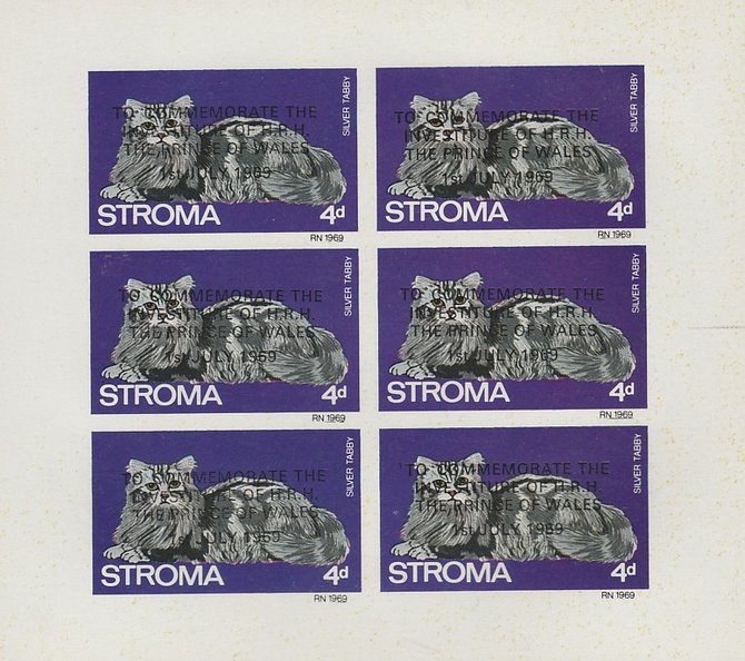 Stroma 1969 Cats 4d Silver Tabby opt'd for Investiture of Prince of Wales complete imperf sheetlet of 6 unmounted mint, stamps on animals, stamps on cats, stamps on  royalty, stamps on charles, stamps on 