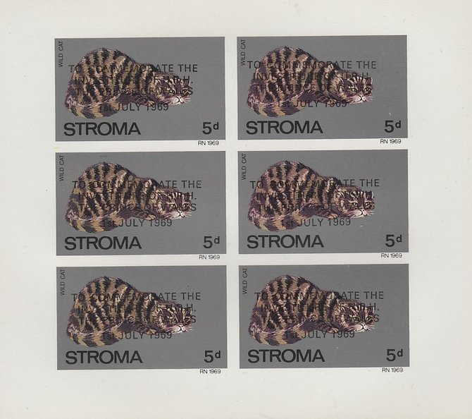 Stroma 1969 Cats 5d Wild Cat opt'd for Investiture of Prince of Wales complete imperf sheetlet of 6 unmounted mint, stamps on , stamps on  stamps on animals, stamps on  stamps on cats, stamps on  stamps on  royalty, stamps on  stamps on charles, stamps on  stamps on 