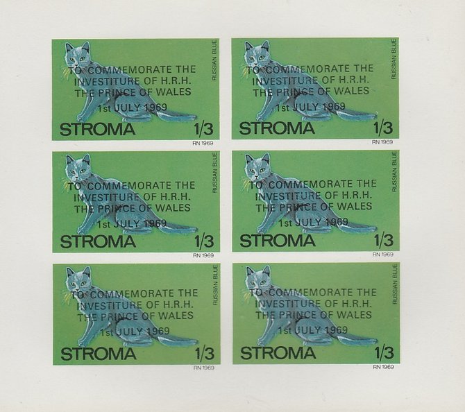Stroma 1969 Cats 1s3d Russian Blue opt'd for Investiture of Prince of Wales complete imperf sheetlet of 6 unmounted mint, stamps on , stamps on  stamps on animals, stamps on  stamps on cats, stamps on  stamps on  royalty, stamps on  stamps on charles, stamps on  stamps on 