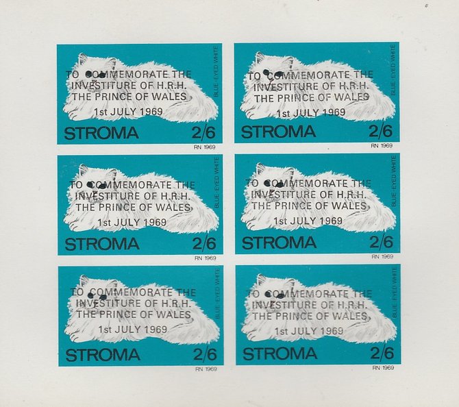 Stroma 1969 Cats 2s6d Blue Eyed White opt'd for Investiture of Prince of Wales complete imperf sheetlet of 6 unmounted mint, stamps on animals, stamps on cats, stamps on  royalty, stamps on charles, stamps on 