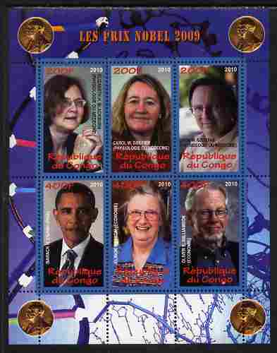 Congo 2010 Nobel Prize Winners #2 perf sheetlet containing 6 values unmounted mint, stamps on personalities, stamps on nobel, stamps on peace, stamps on usa presidents, stamps on american, stamps on masonics, stamps on masonry, stamps on obama, stamps on medical, stamps on 