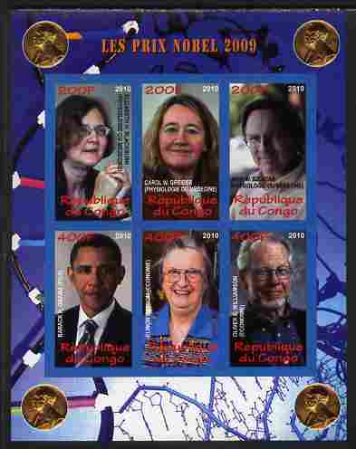 Congo 2010 Nobel Prize Winners #2 imperf sheetlet containing 6 values unmounted mint, stamps on personalities, stamps on nobel, stamps on peace, stamps on usa presidents, stamps on american, stamps on masonics, stamps on masonry, stamps on obama, stamps on medical, stamps on 