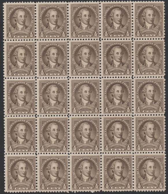 United States 1932 Washington 1/2c sepia impressive block of 25 (5x5)  unmounted mint, SG704, stamps on 