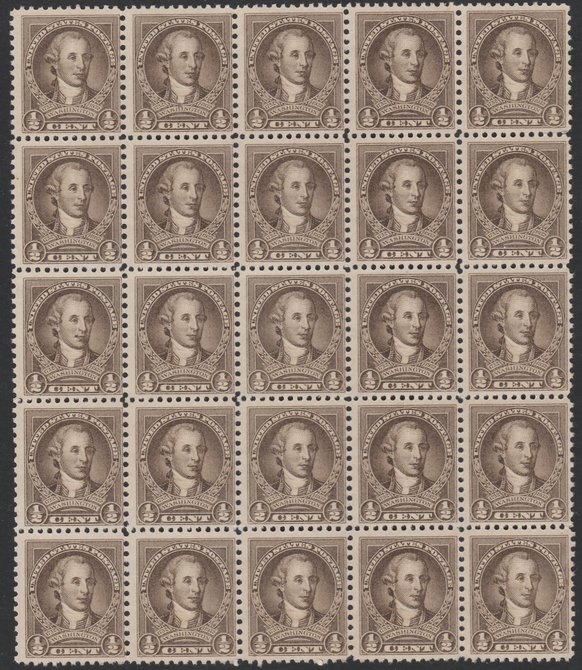 United States 1932 Washington 1/2c sepia impressive block of 25 (5x5)  unmounted mint, SG704, stamps on , stamps on  stamps on united states 1932 washington 1/2c sepia impressive block of 25 (5x5)  unmounted mint, stamps on  stamps on  sg704