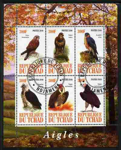 Chad 2010 Birds of Prey perf sheetlet containing 6 values fine cto used, stamps on birds, stamps on birds of prey