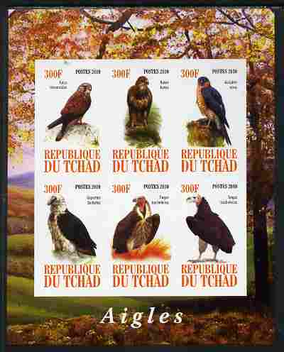 Chad 2010 Birds of Prey imperf sheetlet containing 6 values unmounted mint, stamps on , stamps on  stamps on birds, stamps on  stamps on birds of prey