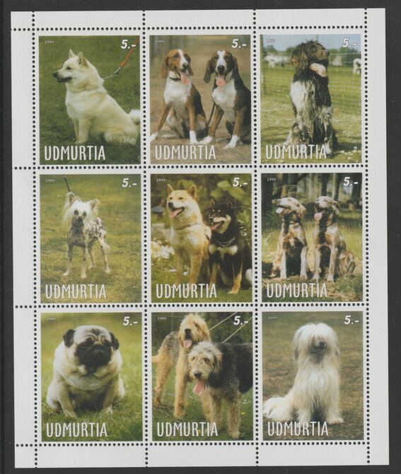 Udmurtia Republic 1999 Dogs (various) perf sheetlet containing complete set of 9 values, unmounted mint, stamps on , stamps on  stamps on dogs, stamps on scouts, stamps on dachshund